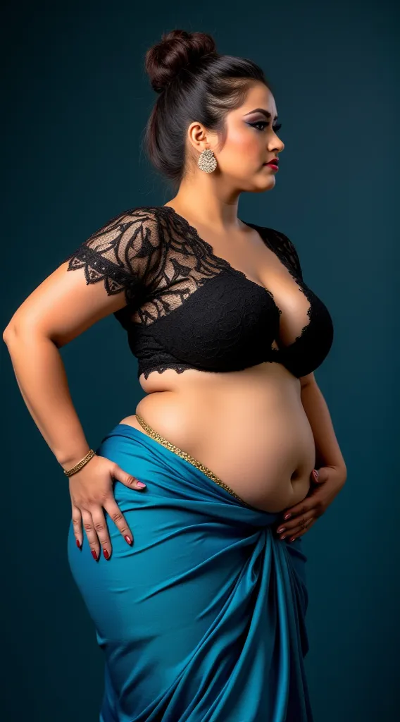 Busty dancer woman, wearing black lace half blouse and blue shade low hip saree, exposing curvy midriff and navel,thin gold navel chain,hair bun,,both hands in sexy dance pose away from hip,her face turning towards right side,eyeliners and eyelashes,thick ...