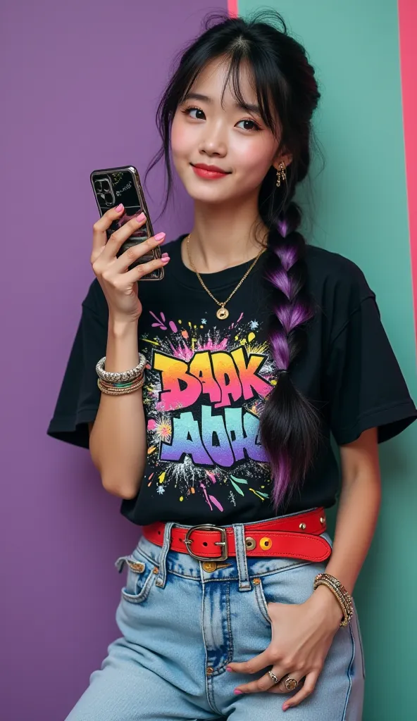 professional real photo realistic Detailed, cheerful and vibrant portrait of a 22-year-old young Korean woman looking into the camera while holding her smartphone, with her hair in a thick black braid with purple highlights. The woman's graphic black t-shi...