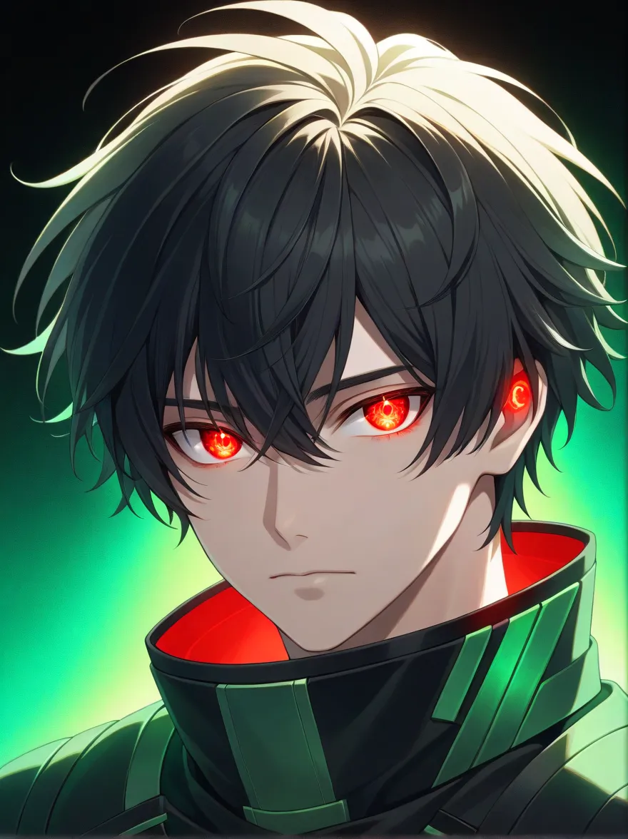 1boy, male_focus, solo, red_eyes, looking_at_viewer, hair_between_eyes, black_hair, closed_mouth, portrait, glowing, glowing_eyes, gradient_background, gradient, bangs, green_background, short_hair