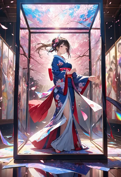 Beautiful woman in kimono who violently dances Japanese dance trapped in a mirrored box, Intrusive fabric that crosses the screen, torn screen,  Sakurabuki, Fluttering cherry blossoms and scattered kimono fabric,  intense lighting ,  Colorful Laser Light, ...