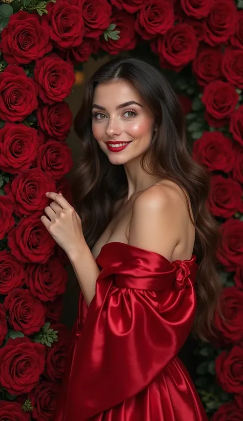 (((wide angle shot))), (((front view))), (((A stunning, 25 years old, confident, seductive Slavic girl))), (((with long, wavy dark brown hair))), beautiful deep brown eyes, (((playfully smiling))), (((wears an elegant, luxurious red silk gown, exuding pass...