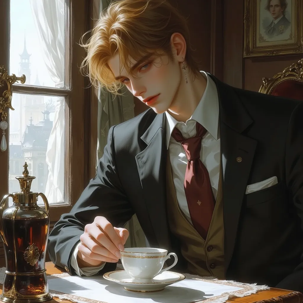 Tea Party, Adult Male,  casting, lie, 1 person, Men's attention,  casting man, , Perfect Eyes , semi-realistic art  ,  semi-realistic art  style,  Expressive Brushwork ,  vibrant brushstrokes , impressionist painting, Realistic skin, Realistic hair ,  Real...