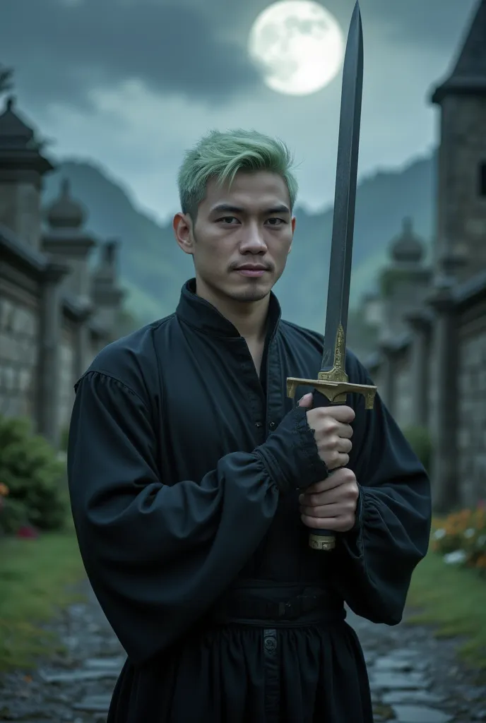 man dressed in black with short hair of light green color, both hands holding the sword with the vertical sword position, both sharp edges of the sword emit light, dark fantasy landscape, ancient buildings, full moon , ultra-detailed,realistic,photorealist...