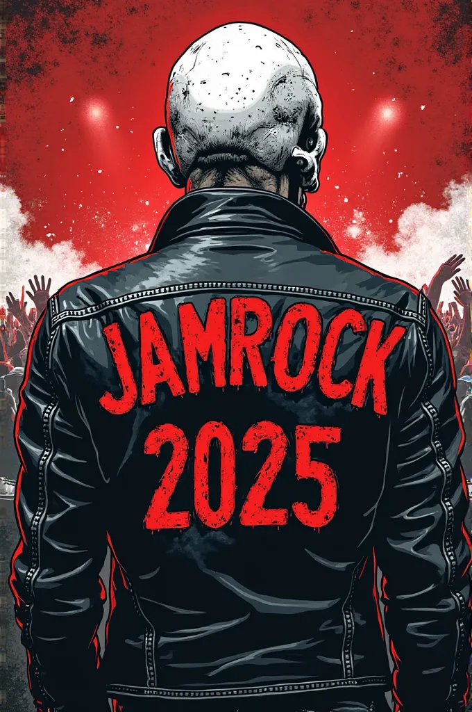 close up the back of a skull with a punkrock leather jacket, rock concert and beer in the background, the back of a leather jacket inscribed "JAMROCK 2025",  , grunge,  illustration , black white and red