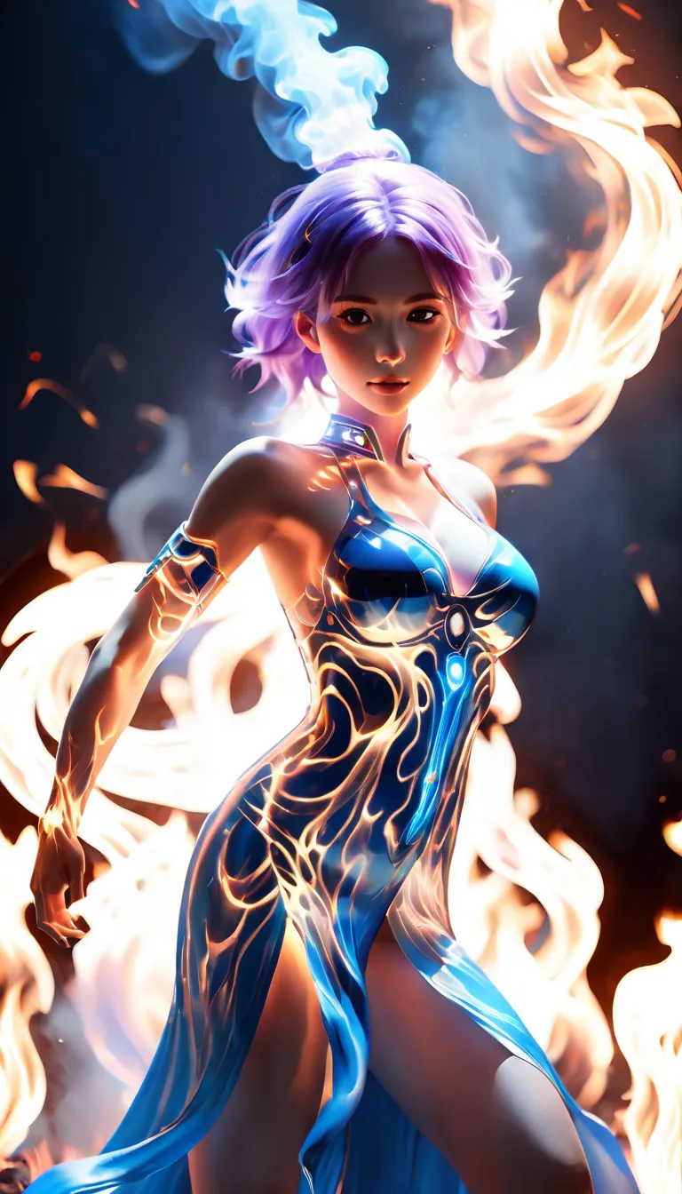 (theelementoffire:1.1),Composed of fire elements,(1个Giant Breast Girl:1.2),on fire,transparency,firey,(Molten rock),Flame skin,Flame print,fiery hair,smokes,​​clouds,Chopping,,A girl wrapped in flames, the flames soar and emit sparks,Burning hands,Transluc...