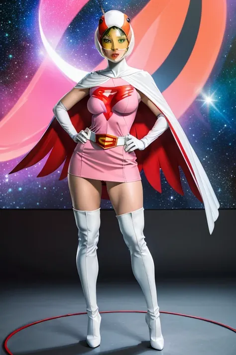 ANI_CLASSIC_jun_gatchaman_ownwaifu,1girl, ,good anatomy, masterpiece, best quality,realistic, hyperrealistic, 16k hdr,breasts,green eyes,lips,large breasts,lipstick,makeup,gloves,cape,helmet,belt,elbow gloves,white gloves,mask,ultra miniskirt,leotard,space...