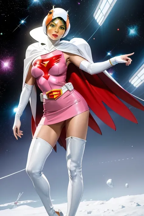 ANI_CLASSIC_jun_gatchaman_ownwaifu,1girl, ,good anatomy, masterpiece, best quality,realistic, hyperrealistic, 16k hdr,breasts,green eyes,lips,large breasts,lipstick,makeup,gloves,cape,helmet,belt,elbow gloves,white gloves,mask,ultra miniskirt,leotard,space...