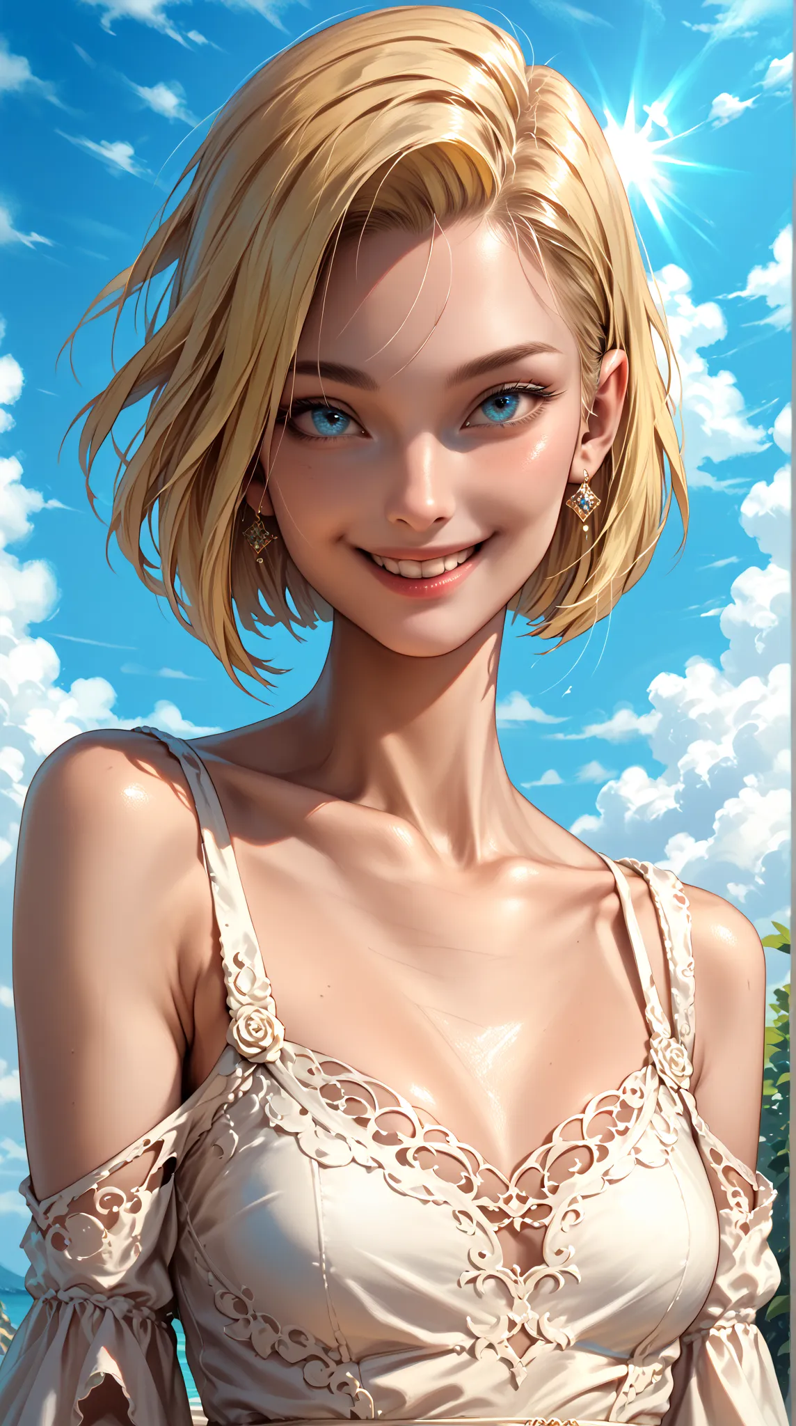 high quality,4K,realistic,Classical Portrait Style,Blue tone ,white skin, Blonde Hair,Bob hair,Smile,Bare Shoulder Dress,Sunlight,Blue Sky White Clouds,natural light,Warm atmosphere,healthy skin,Beautiful Face,elegant gesture