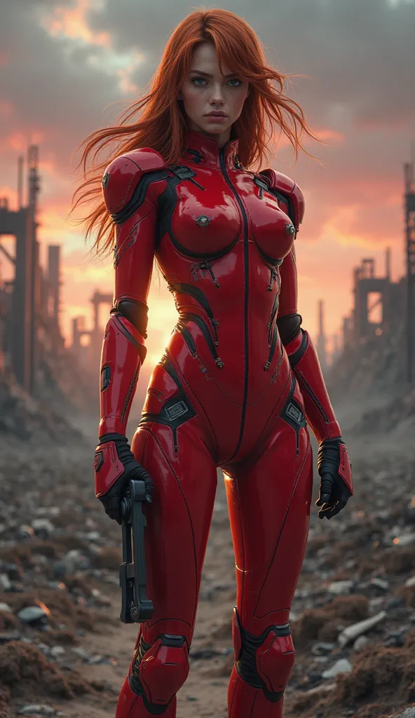 A full-body shot of Asuka Langley Soryu, standing with an air of fierce determination, her piercing blue eyes burning with defiance. She is clad in her signature red plugsuit, its glossy, form-fitting material reflecting the dim glow of the world around he...