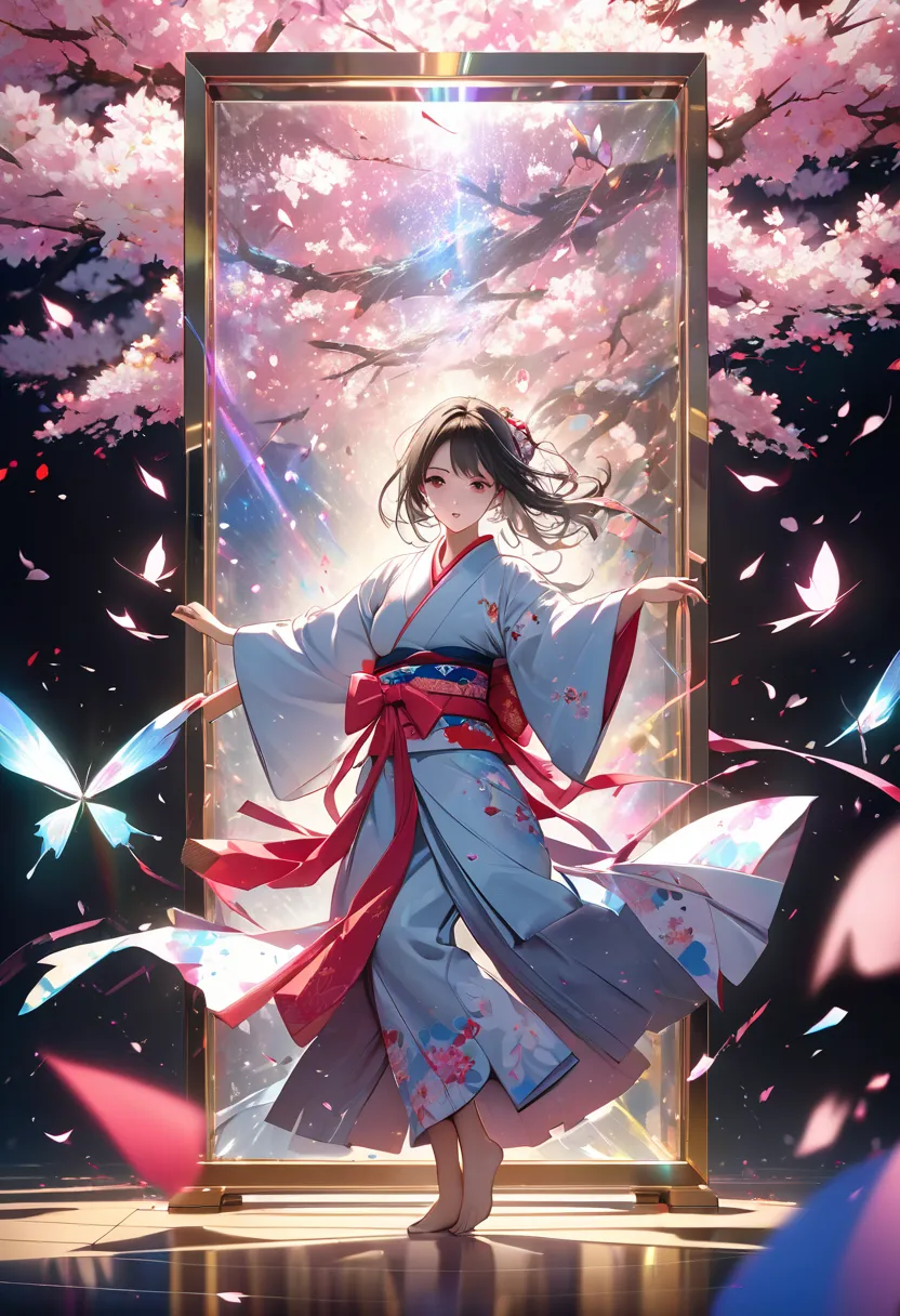 Beautiful woman in kimono who violently dances Japanese dance trapped in a mirrored box, Highlight flashy tattooed faces and fine skin texture, Intrusive fabric that crosses the screen, torn screen,  Sakurabuki, Fluttering cherry blossoms and scattered kim...