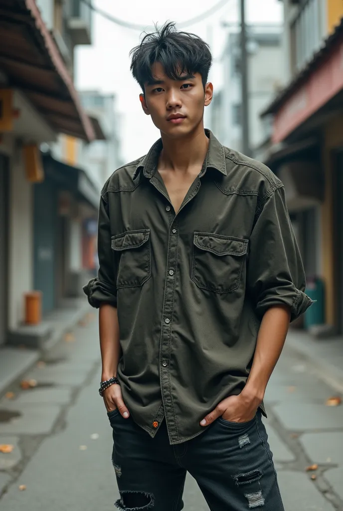 Korean man in grunge shirt posing on sidewalk,Wide