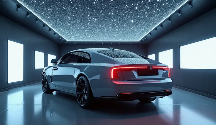 Create an ultra-detailed 3D render of a 2025 Rolls-Royce in a Matte Grey finish with black accents, parked inside a high-tech smart showroom with a fully digital, interactive ceiling displaying a customizable starlight sky effect. The showroom features hol...