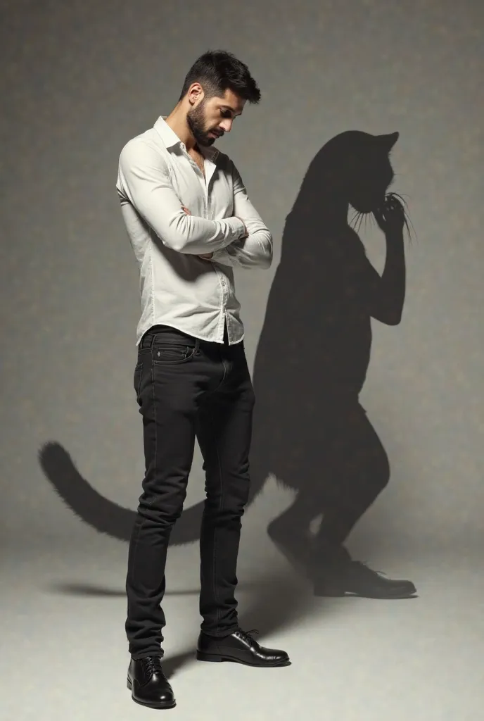 A thin guy standing wearing a white shirt with half folded hand..with black jeans.. and his shadow is exploring as a tiger’s shadow from sun