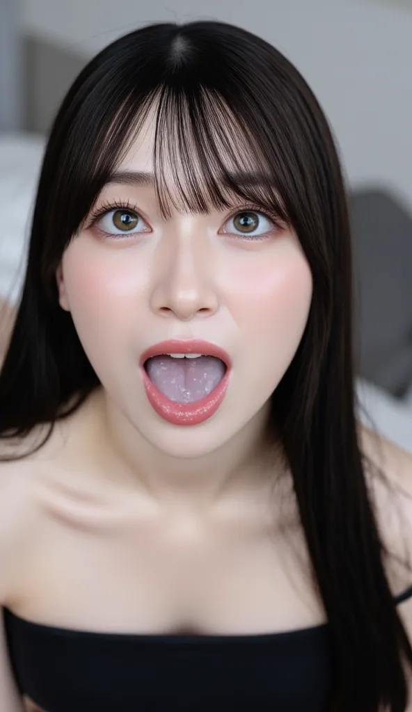 high resolution young Japanese female idol「Kakki」Photo of, Alone, 1 girl,  wears an off-the-shoulder dress, Focus on Your FACE, face, looking at camera, long black hair with straight hair front bang, pale skin, detailed face, detailed eyes,  seductive eyes...