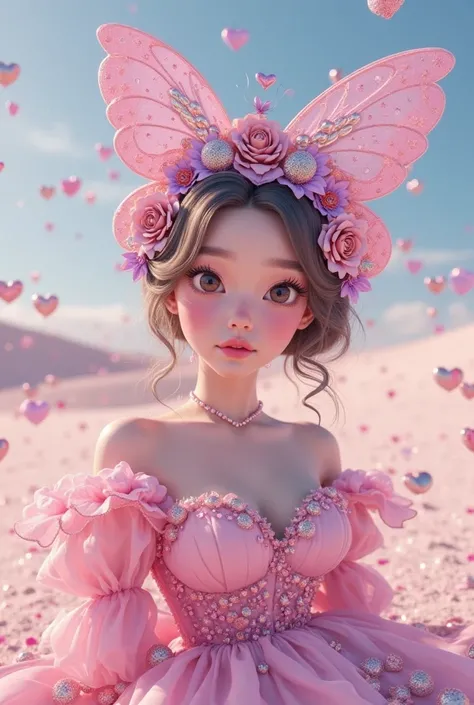 Jennitsuj In elegant pink with a metallic butterfly flowers and crown on top and a beautiful diamonds small mettalic pink and lavender hearts on the sand photo 3D render typography vibrant