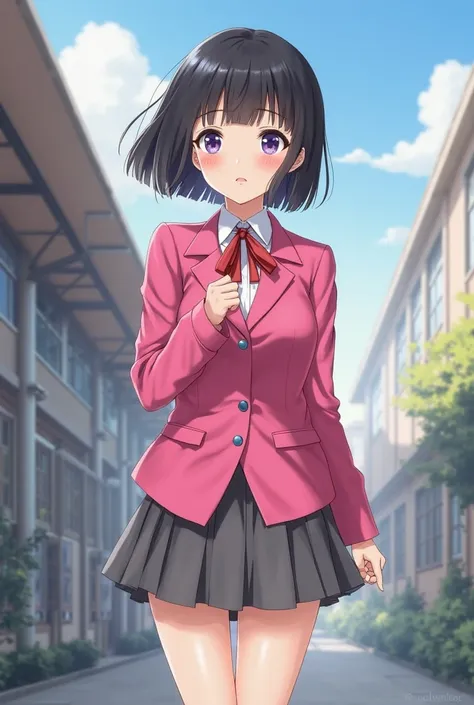 pink jacket , gray skirt , short black hair , cute , anime girl in school