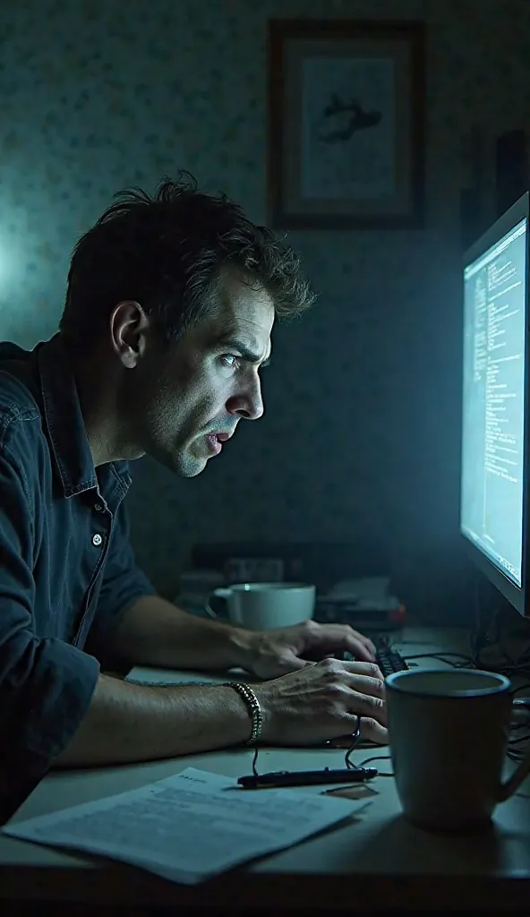 The same programmer days later, with deep dark circles, looking paranoidly at his computer, who seems to be calling alone.
