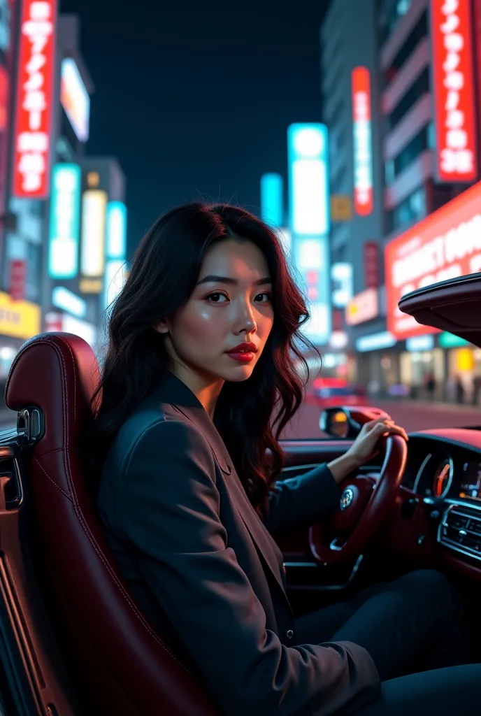 8k, high quality,  ultra details,  Euro-American woman, Young 25 years old,long black hair, Realistic, modern days, stylish clothes, light brown skin, Driving a millionaire car in Tokyo at night 