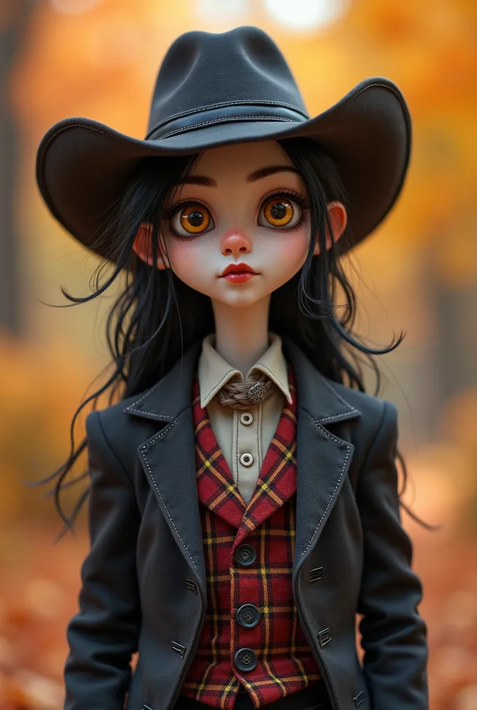 A petite, slender vampire with white skin, long silky black hair, large yellow eyes, small nose, and rounded dark red lips. He appears playful and charming. exuding charm and confidence, stands in a picturesque autumn rancho. He is dressed in a finely tail...