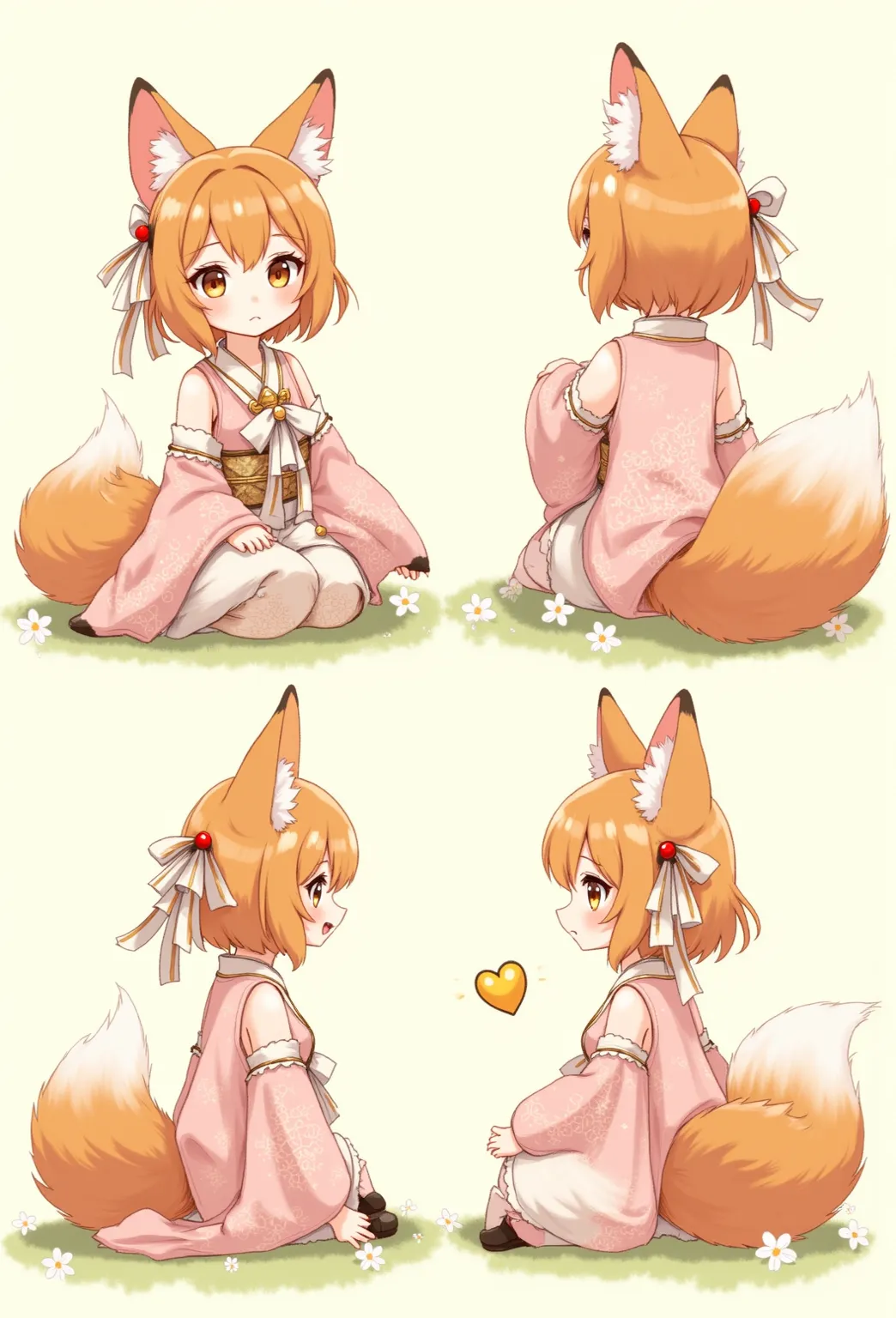 Cute fox girl，multiple angles (Front , back, side, 3/4 view）