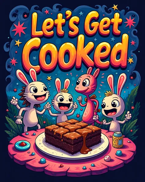 Please make me a psychedelic cartoon drawing design with Let's get Cooked. And add an illustration of brownies 