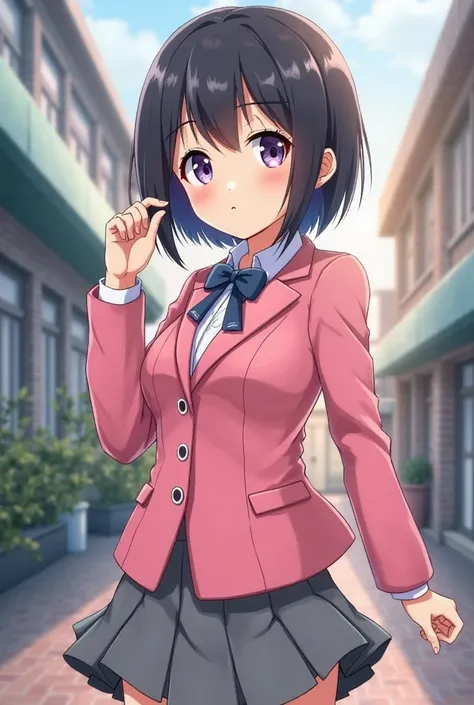 pink jacket , gray skirt , short black hair , cute , anime girl in school