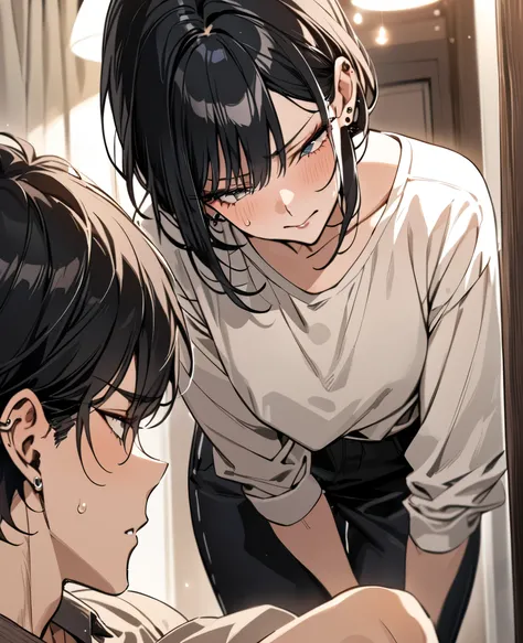 ((masterpiece, best quality)), androgynous male, feminine features, black short hair, bob cut, delicate jawline, soft eyes, long eyelashes, slender build, slightly feminine body shape, gentle expression, fair skin, subtle makeup, ear piercings, casual styl...