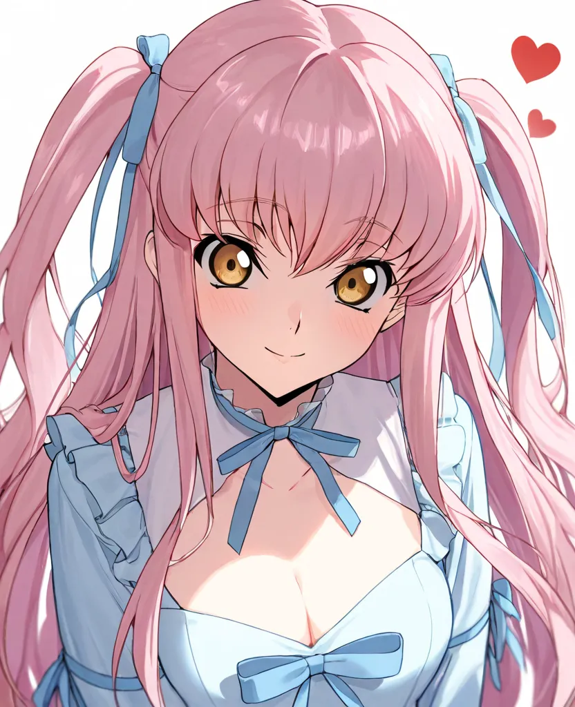 masterpiece, best quality, Code Geass style、girls, alone,  girls、small、 small 、light pink hair color,  light blue ribbon、  long hair,  half twin、yellow eyes、    cute dress,  emphasizes cleavage 、  Long Sleeve,   frill , smile,,  idol、 full of hearts、Healin...