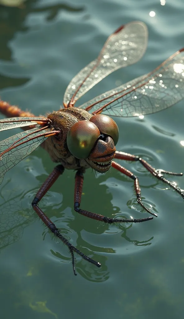 "A realistic, high-definition depiction of a dragonfly-human hybrid floating just above the water’s surface, its humanoid body radiating a lethal energy. Its head is now fully that of a dragonfly—bulging, golden-mirrored eyes reflecting distorted images of...