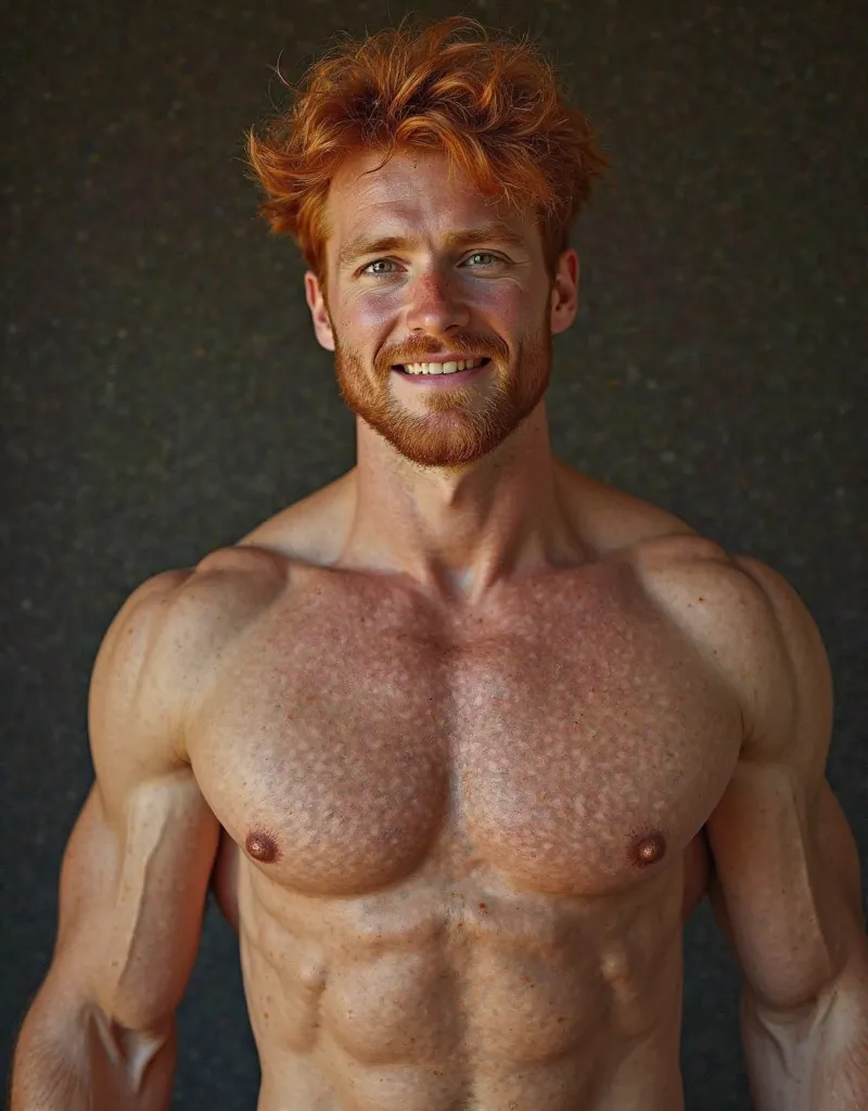 (ginger:1.0), (GS-Masculine:1), (1boy), (front side view), (looking at viewer), Very detailed young handsome face, detailed realistic open eyes, (soft smile). (freckles), tan glowing skin, handsome daddy on a date, wearing no shirt, gentleman, masculine, (...