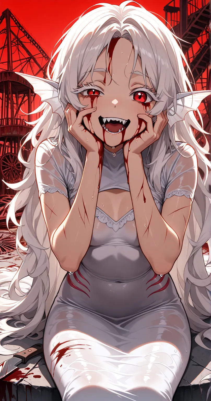 girl,abandoned amusement park background, , hair of two colors,white hair,  long hair, Light skin, Red eyes, Red, Redes, ,  Masterpiece  , best quality, Anime style, , Looks at the viewer with his eyes half closed,  dispassionate face , blank look,   WHITE...