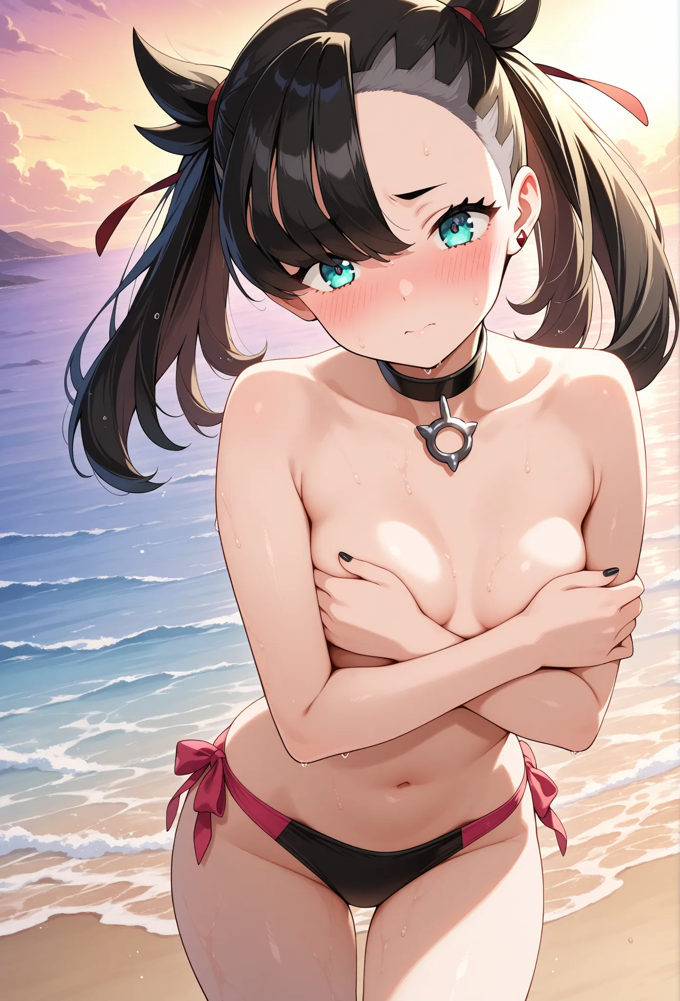 high resolution picture, masterpiece, best quality, amazing quality, solo, 1girl,  pokemonmarnie, aqua eyes, asymmetrical bangs, asymmetrical hair, black hair, hair ribbon, long hair, red ribbon, ribbon, twintails, black nail polish, small breasts,  anime ...