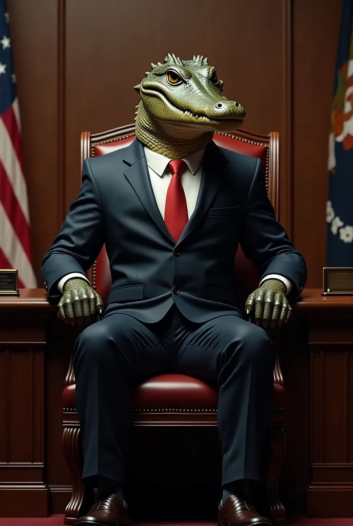 Make it the crocodile looks like a politician suit with bad intentions sitting in the chair of a president 