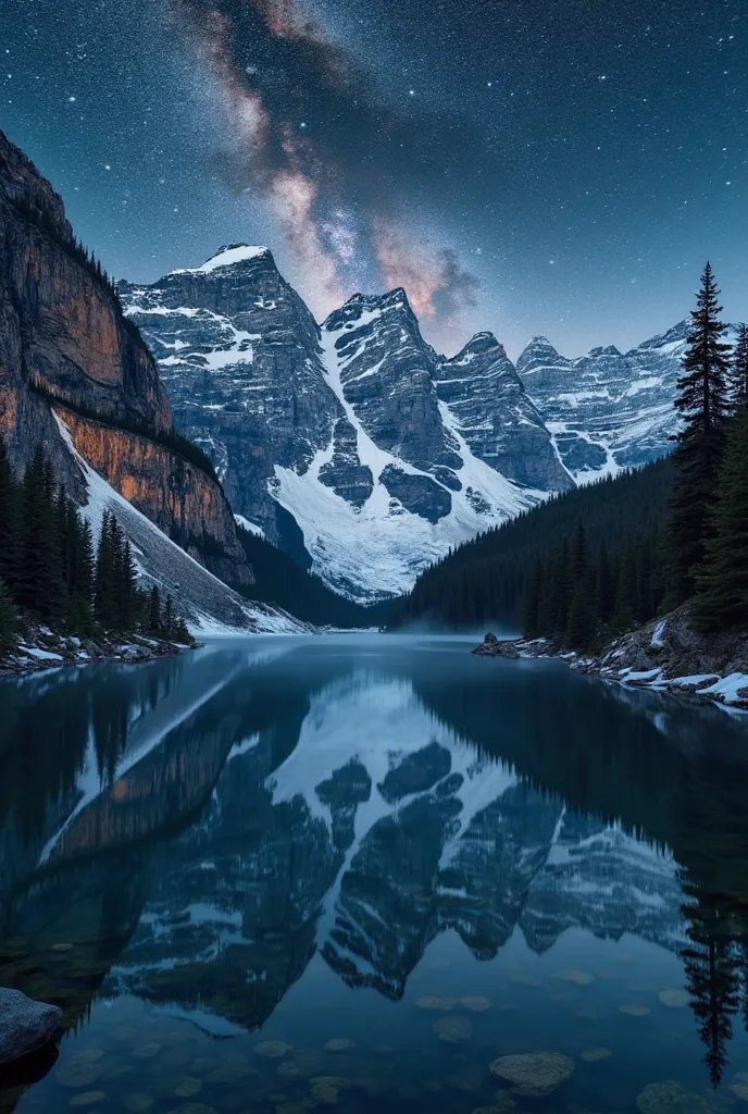 
"A hyper-realistic, breathtaking panorama of a serene alpine lake at night, perfectly mirroring the towering snow-capped mountains that cradle its shores. The jet-black sky explodes with a dense tapestry of stars, the Milky Way cascading like a celestial ...