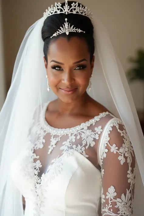 LISARAYE mccoy wearing a gorgeous wedding gown and veil and tiara and diamond earrings and necklace sparkle in contrast with the white satin, detailed portrait of LISARAYE mccoy, beautiful woman with dark skin, elegant facial features, full lips, large eye...