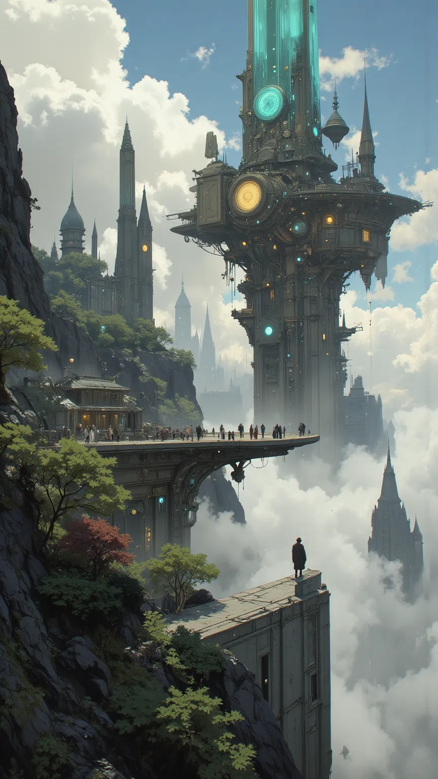 floating cities hide in clouds、clouds occasionally open to see the city。Surrounding the city、Magical plants grow and、there is mystical energy in the air。city towers and platforms、are made with ancient construction techniques、are integrated with clouds。

