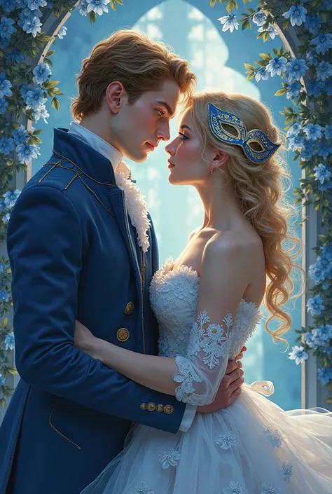  Create the cover of a book with the following concepts : a romance between two agers  ( a boy with blue eyes and light brown blonde hair and a girl with blond hair and blue eyes) And an extravagant masquerade dance, I want it to look like an illustration ...