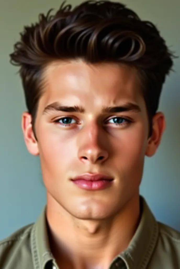 He is a young man, early 20s. But he looks mature. He has a distinctive face with a defined jawline and high cheekbones. His skin is smooth and slightly sunkissed. The eyes are intense, with a penetrating look and shades of green. His eyebrows are thick an...