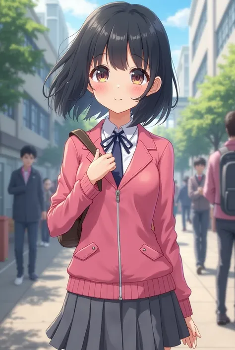 pink jacket , gray skirt , short black hair , cute , anime girl in school