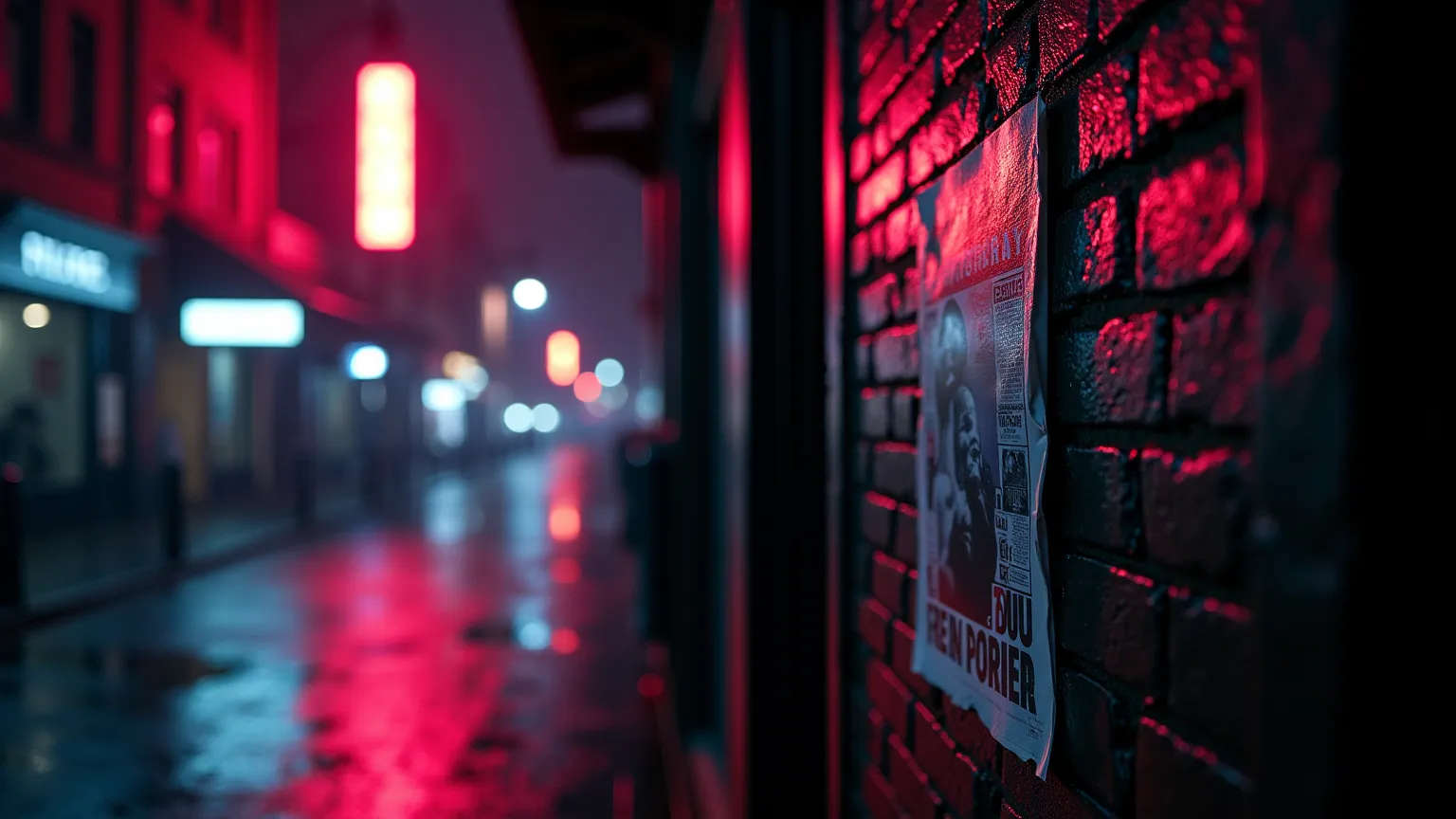 Prompt: "Ultra-realistic, cinematic night-time cityscape. Neon lights reflect off wet pavement, casting a moody glow. A fight poster, slightly torn, is pasted on a brick wall, adding to the underground fight scene energy."

