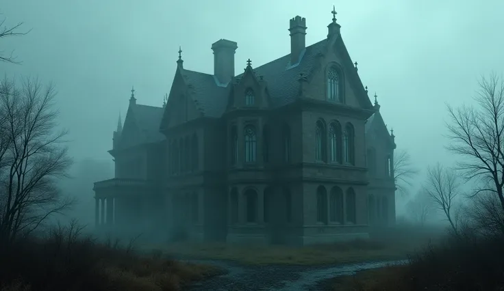 Dark, mysterious mansion with broken windows, surrounded by fog, with shadows lurking inside.
