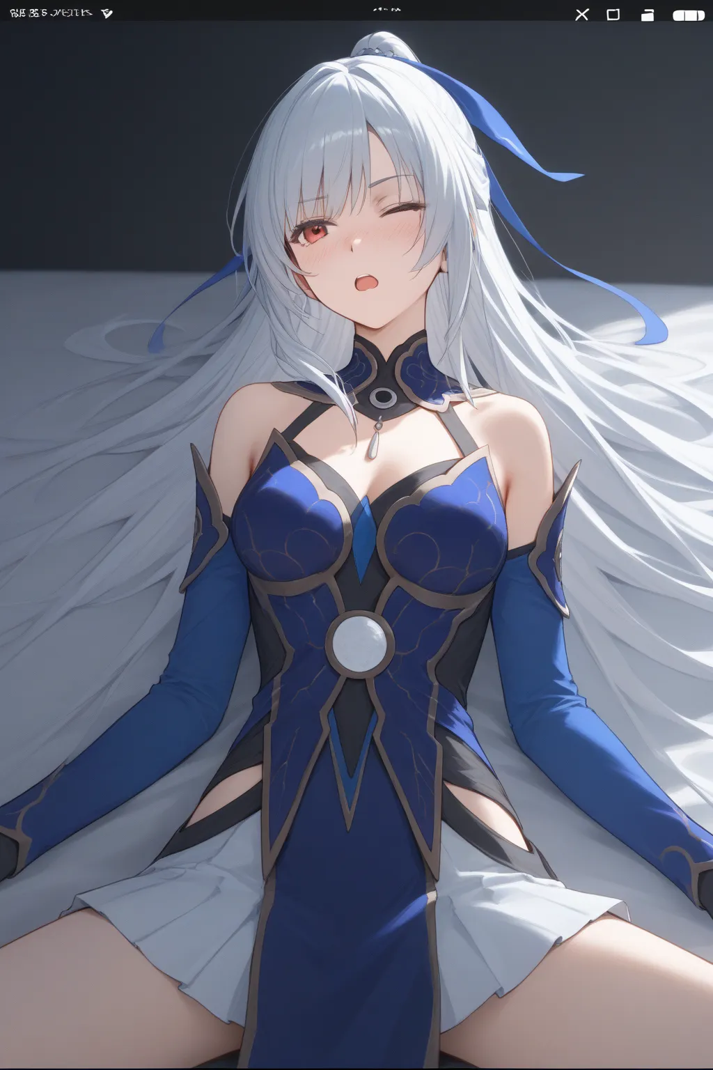 solo , white hair,long hair,high ponytail,black gloves, blue dress, blue sleeves, red eyes, detached sleeves, gloves,jewelry, blue hairband,(bangs),jewelry,(looking away:1.2),white skirt
BREAK
1 woman, medium breasts, slender body,slim waist ,(oblong face,...