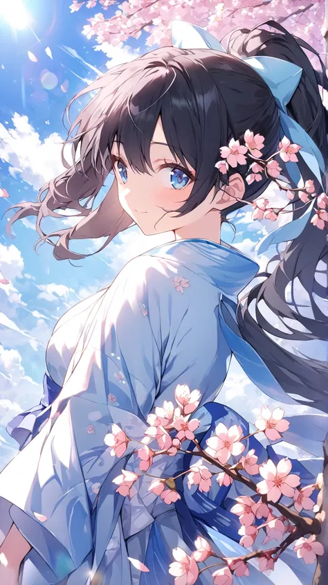 spring、blue sky、cherry blossoms、cherry blossoms吹雪、Large Tree、1 girl, solo, looks at one woman, blue eyes,  black hair, ponytail, How hair flutters in the wind、dutch angle, lens flare, 