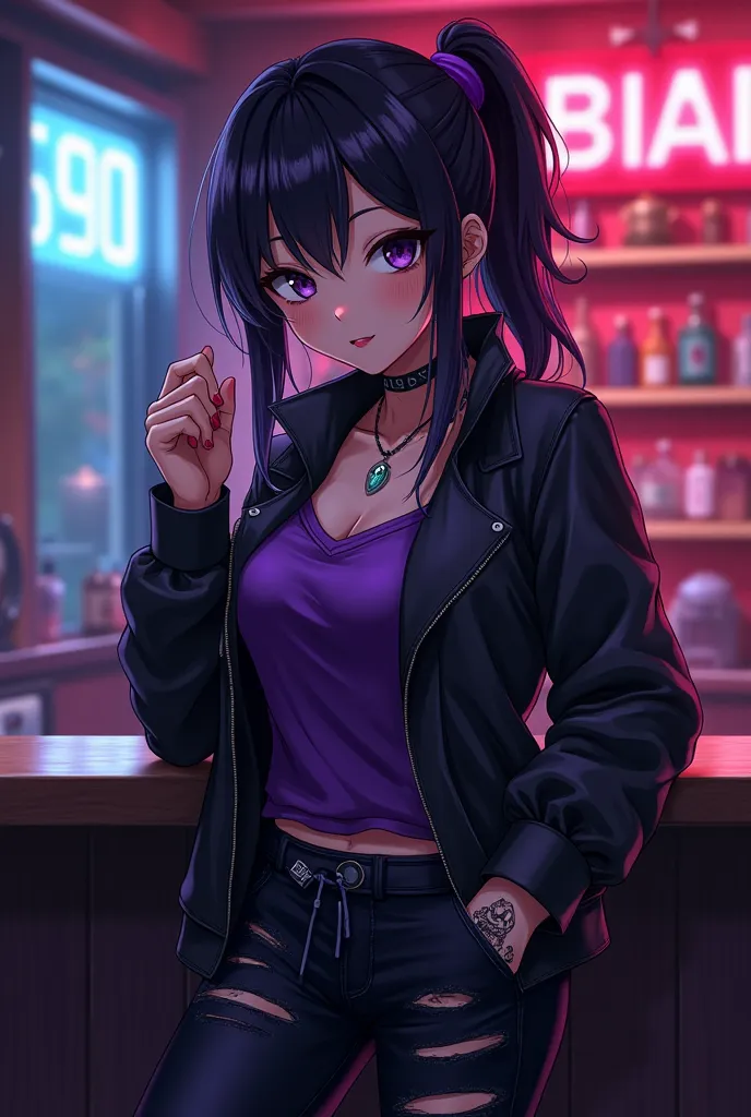 Realistic anime style of a black woman, serene face, Black eyes and black and purple hair thrown aside rebel style.tattoos. Dark black and purple clothes with blue details, with his hands in his pockets,  drinking in a bar