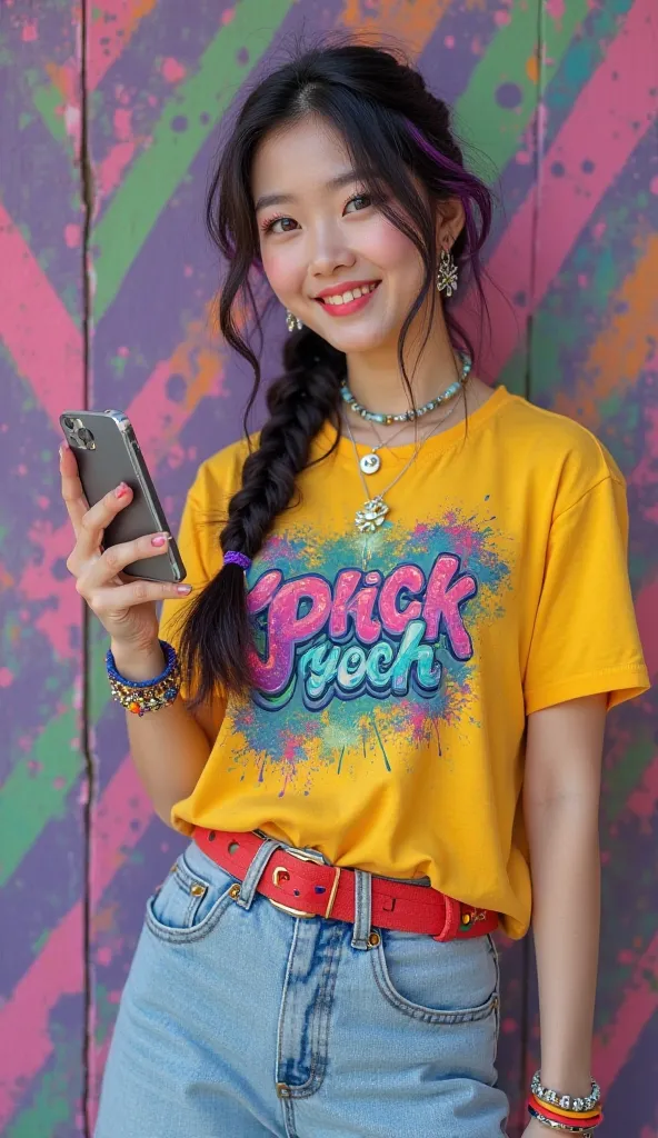 professional real photo realistic Detailed, cheerful and vibrant portrait of a 22-year-old young Korean woman looking into the camera while holding her smartphone, with her hair in a thick black braid with purple highlights. The woman's graphic yellow t-sh...