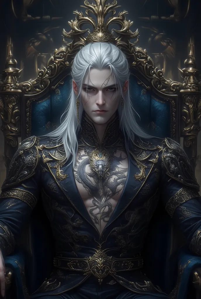   A handsome prince with a mesmerising dragon tattoo on his left side of his chest he is sitting on his thrown with a crown on his head he has white hair and black eyes