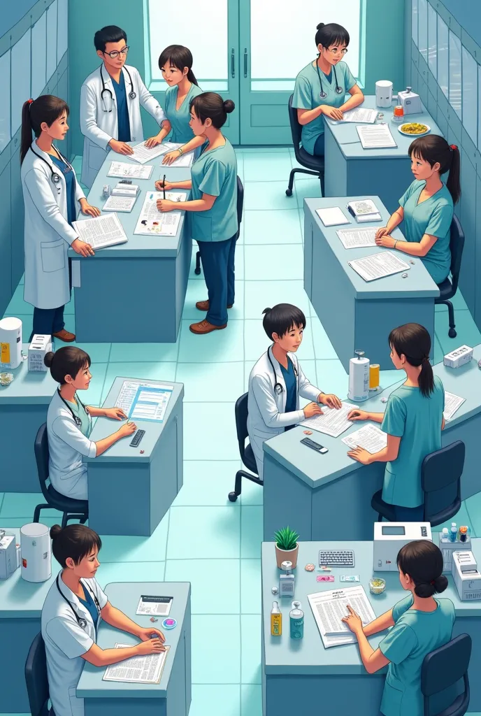 Japanese Psychiatric Hospital,Doctor、Nurse、Occupational Therapist、pharmacist、Social worker、Registered dietitian、Each work scene、６Split Picture 、real,team conference