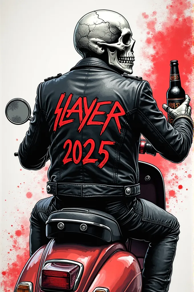 close up the back of a skull Riding a vespa in a punkrock leather jacket, holding a bottle of BEER,wearing a red slayer in the background, the back of a leather jacket inscribed "JAMROCK 2025", with a spooky font ,  illustration , black and white  