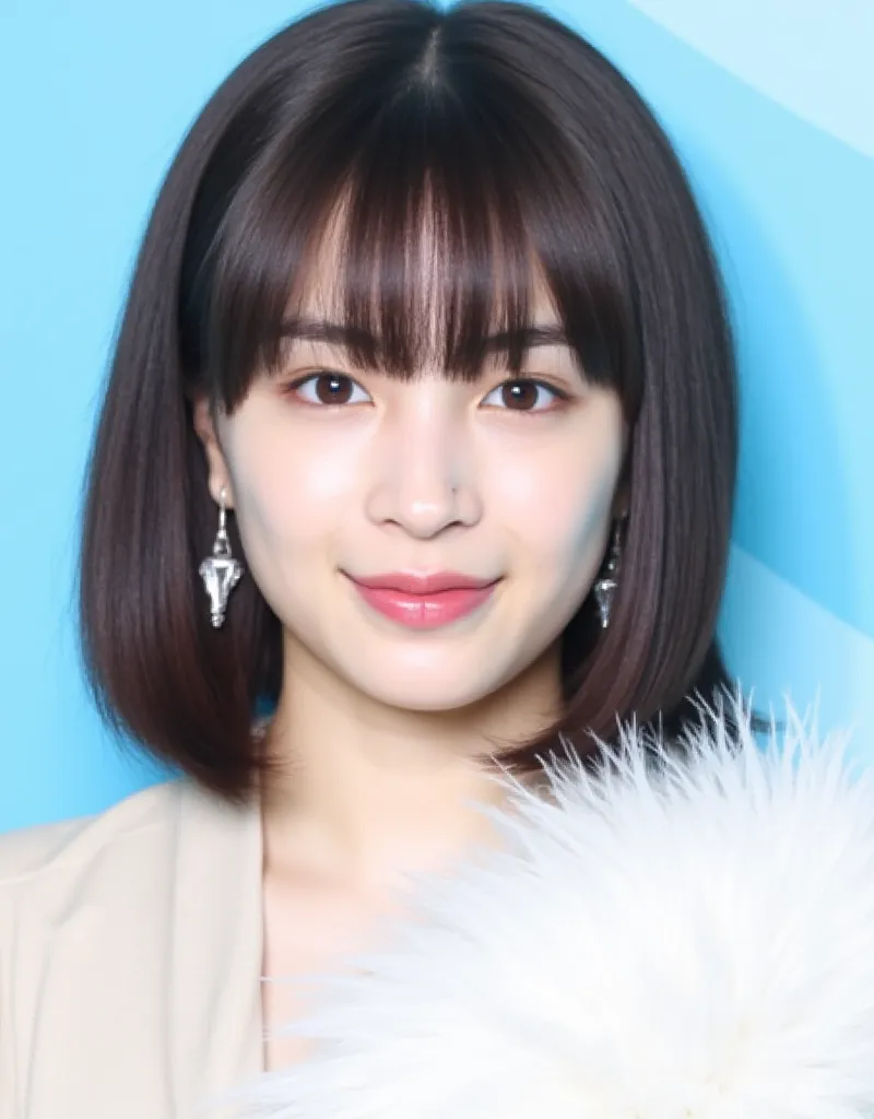 Suzu, This is a portrait of a young woman. She has semi-long, straight dark brown hair that falls over her shoulders. She is wearing large, dangling earrings that appear to be metallic or shiny in nature. Her makeup is subtle, with a light pink lip color a...