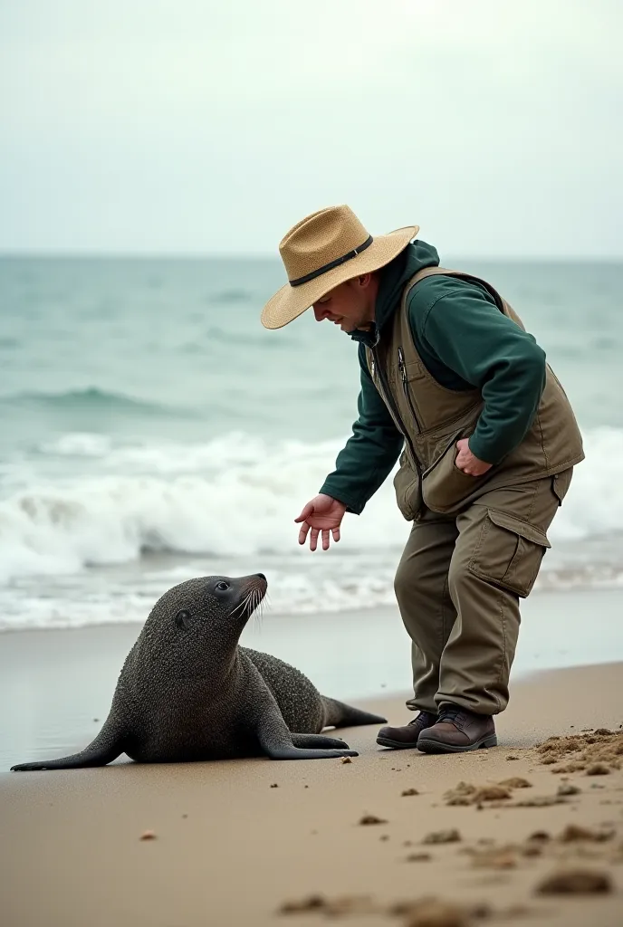 A kind fisherman wearing a simple hat and fishing clothes stands near the weak seal, looking at it with concern. The seal remains lying on the sand, its body still covered with barnacles. The fisherman slightly bends forward, reaching out carefully. The ba...